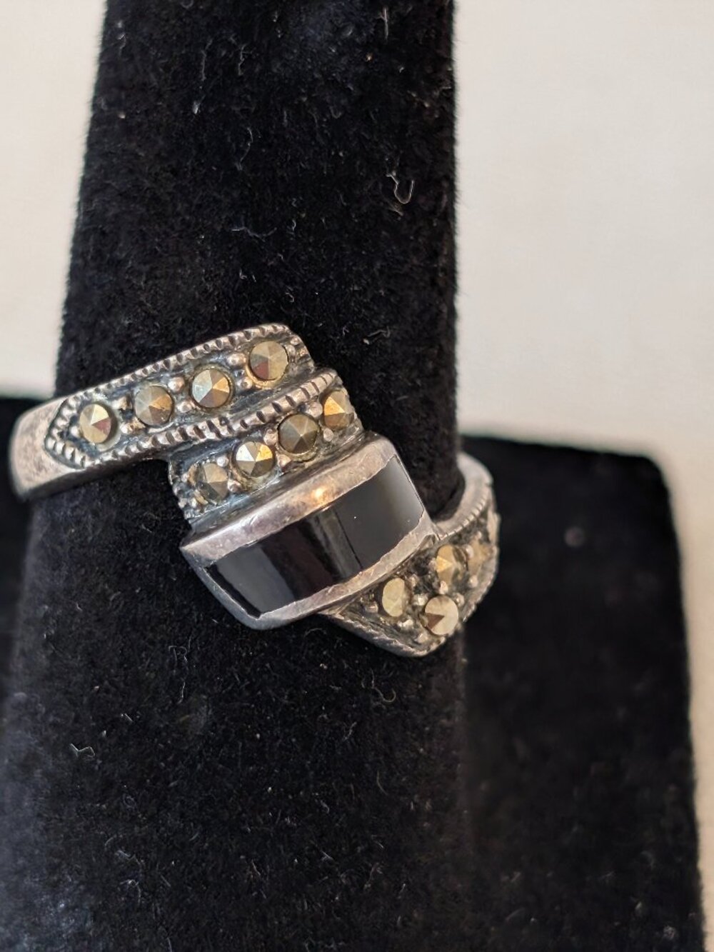 Vintage Antique Art Deco Onyx Sterling Silver Ring, Marcasite Accent Sz 5.5